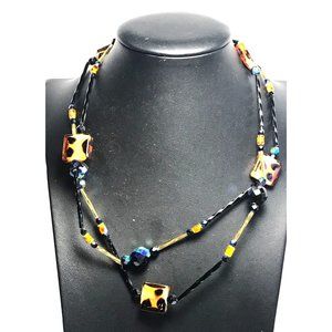 Long Handmade Cheetah Leopard Art Glass and AB Faceted Glass Bead Necklace